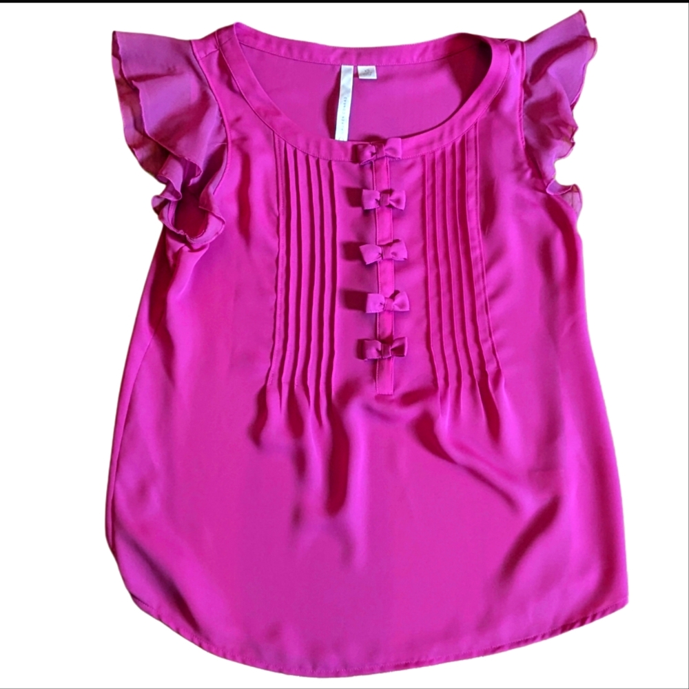 LC Lauren Conrad Flutter Sleeve Semi Sheer Hot Pink Button Down Bow Front Blouse